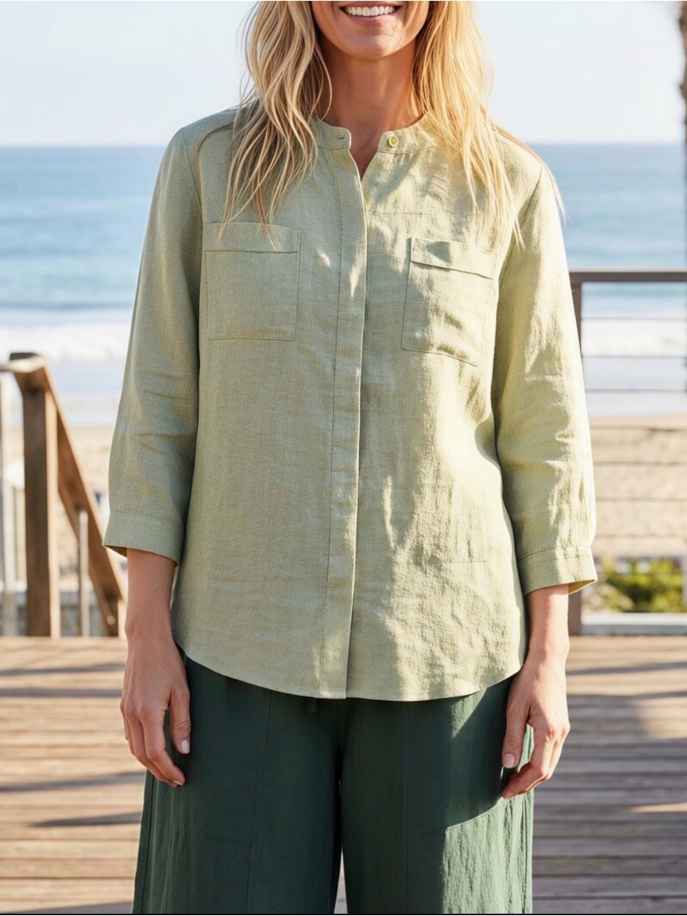 Isaac Mizrahi Pale Green Linen Button-Front Shirt